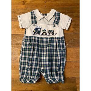 Carriage Boutiques 3M baby Romper outfit Plaid Train Embroidered Bubble vintage